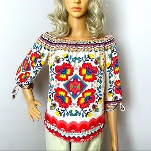 Flying Tomato Blouse | NWT | Mexican Aztec Floral Style | White/Red/Blue | XS (R